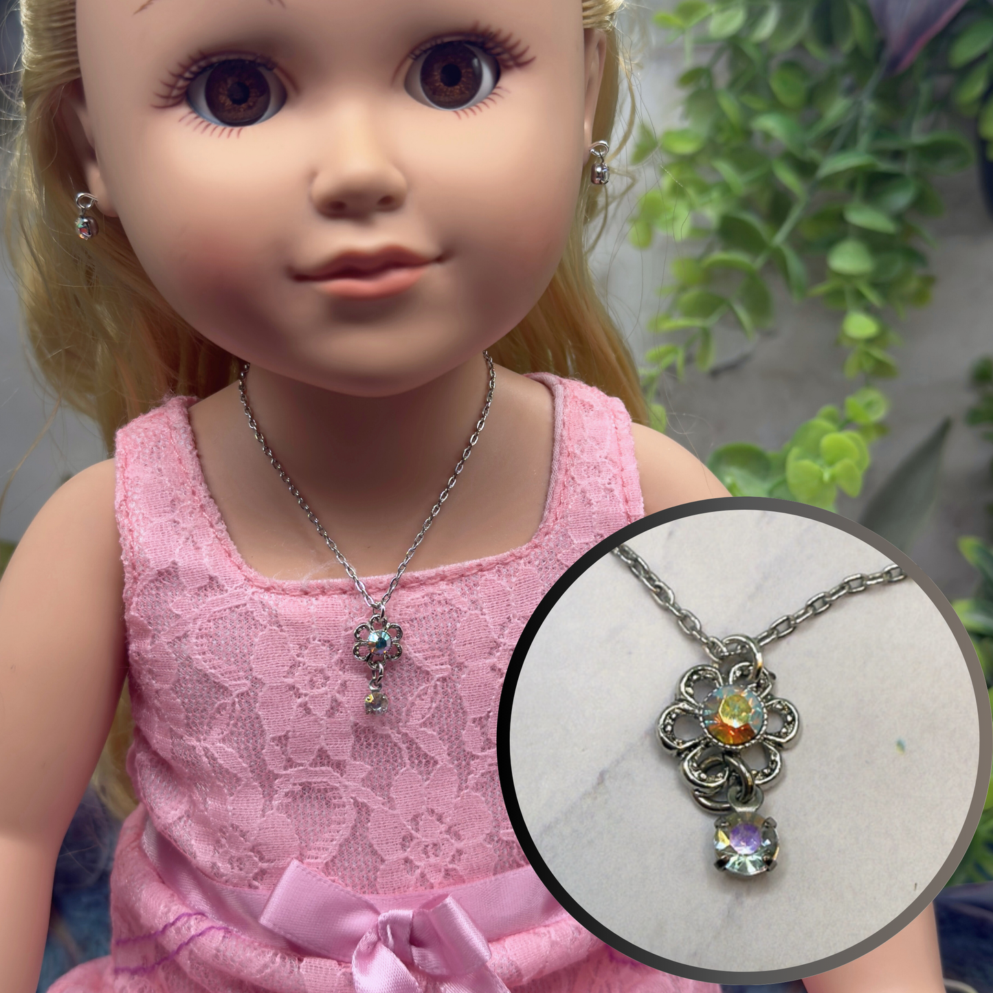 AB Rhinestone Flower Pendant Doll Necklace & Earrings Set• 18 Inch Fashion Doll Jewelry