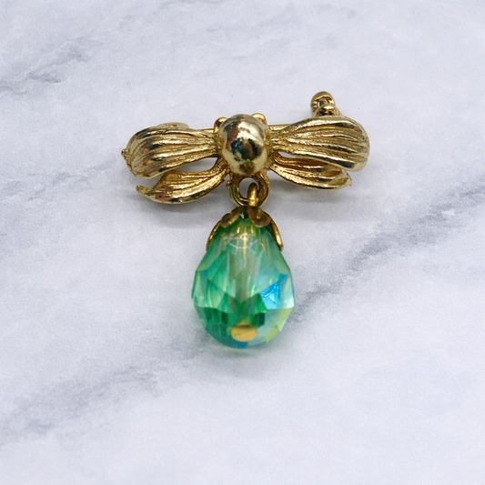 Green Glass Crystal Gold Bow Dangle Doll Pin • Doll Brooch