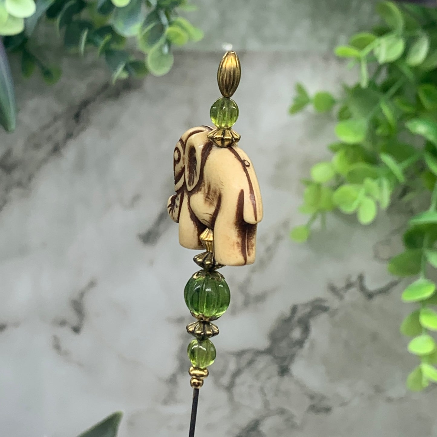 Green Glass Crystal & Elephant Hatpin - Stick Pin • 8” Pin