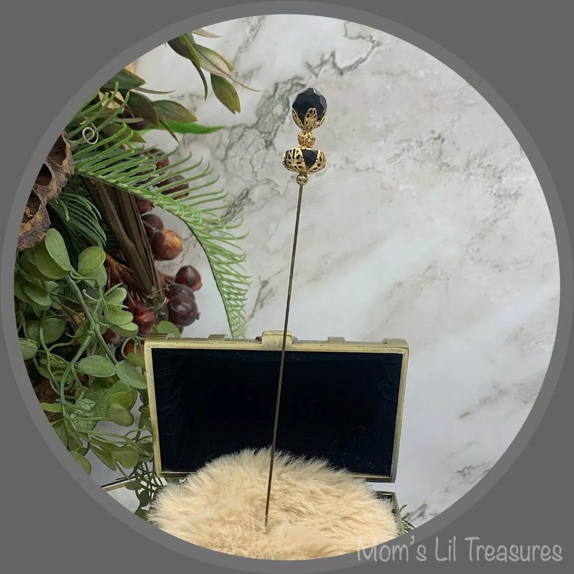 Black Crystal - Gold Tone Findings - 8” Pin • Hatpin - Stick Pin