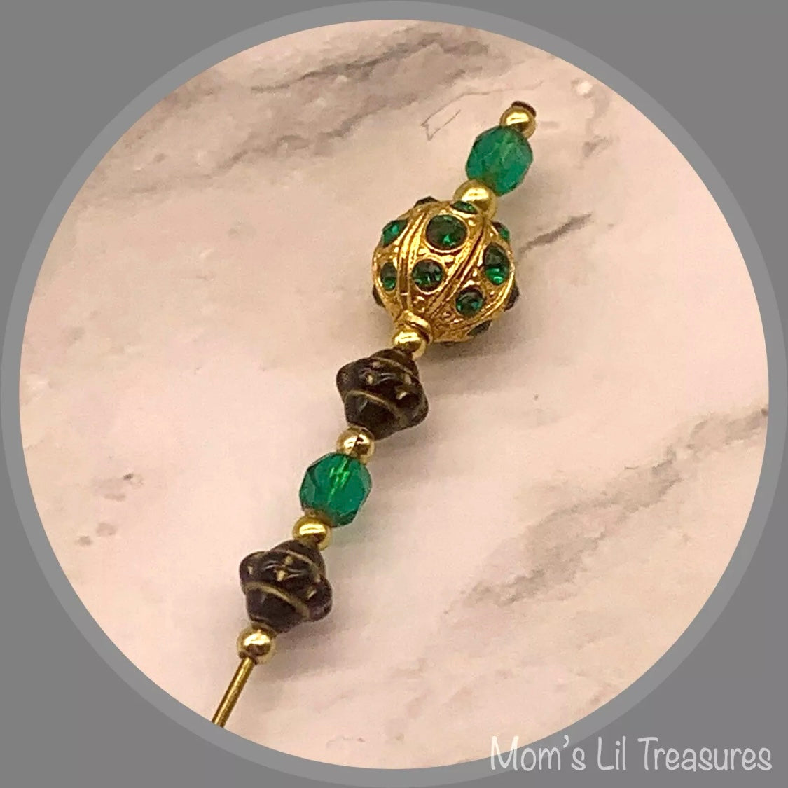 Green Glass Crystal Gold Ball Rhinestone Accents - 8” • Hatpin - Stick Pin