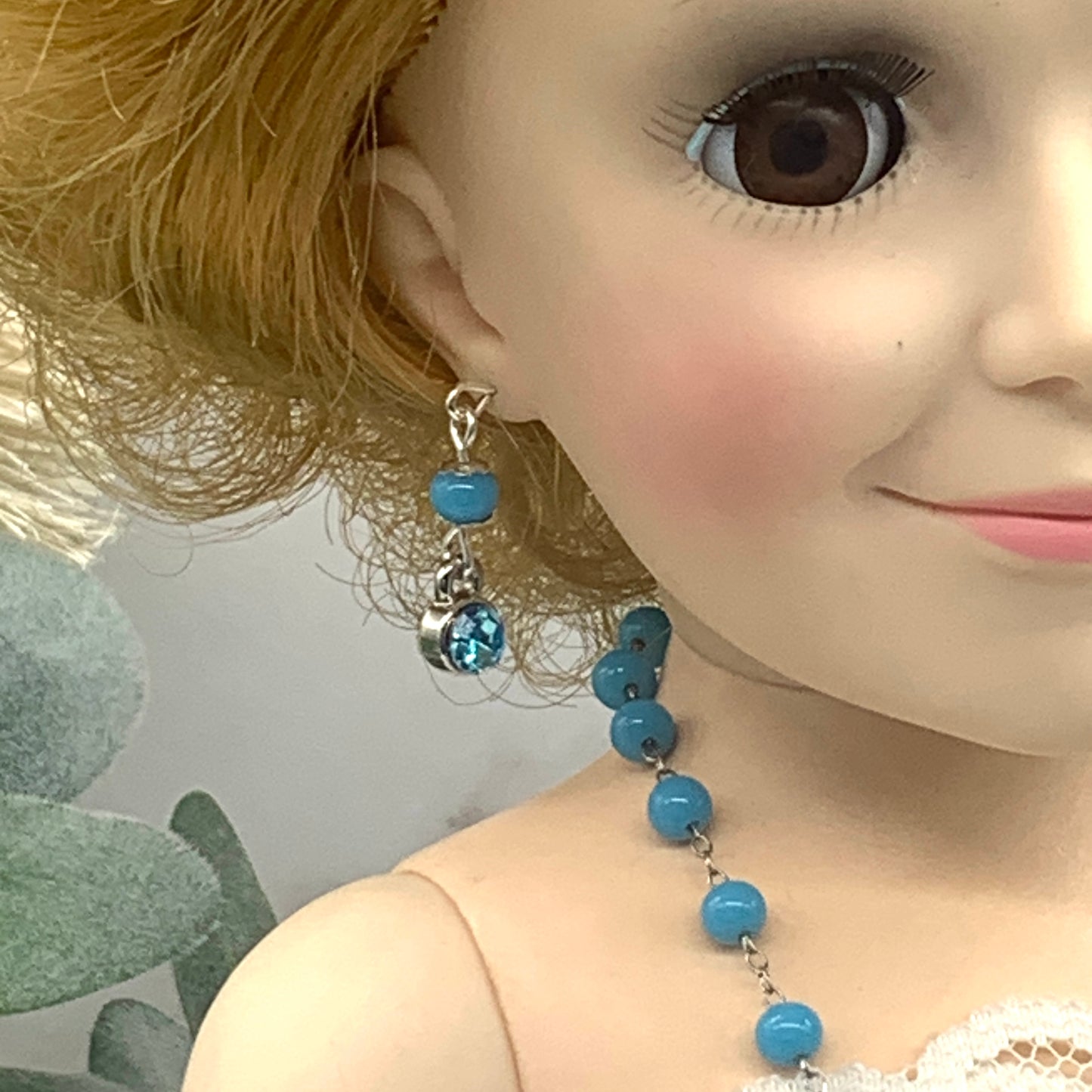 Blue Turquoise Bead Rhinestone Pendant Necklace Earring Set 18-22” Doll Jewelry