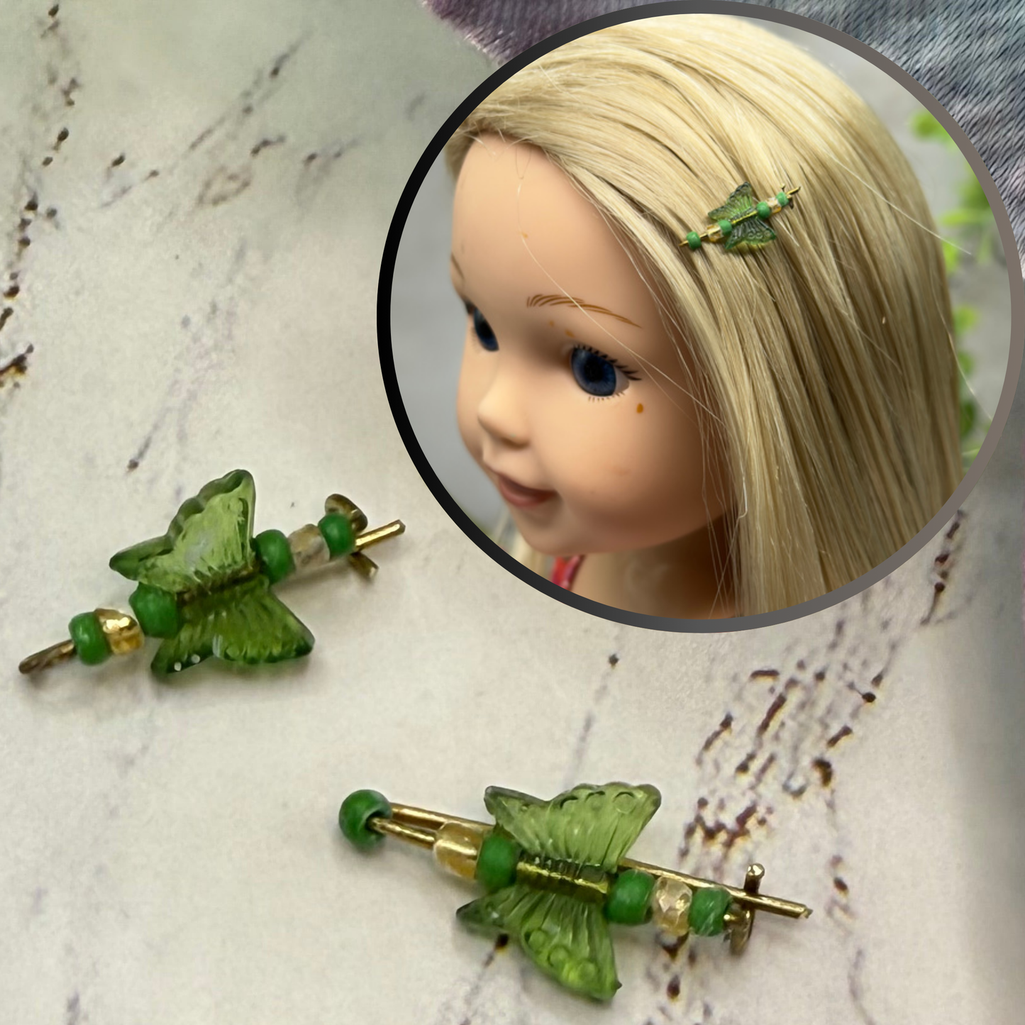 Green Butterfly Doll Hair Barrettes 14-18” Fashion Dolls • Doll Hair Accessories