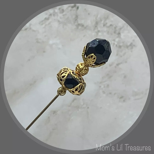 Black Crystal - Gold Tone Findings - 8” Pin • Hatpin - Stick Pin