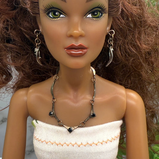 Black Rhinestone Bronze Copper Link Doll Necklace Earrings Set 16” Doll Jewelry