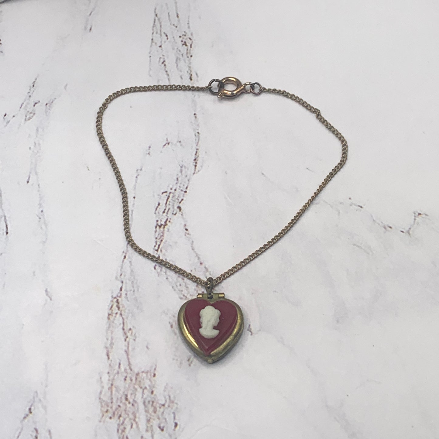 Burgundy Red Heart Cameo Locket Gold Chain Doll Necklace • 18” Doll Jewelry