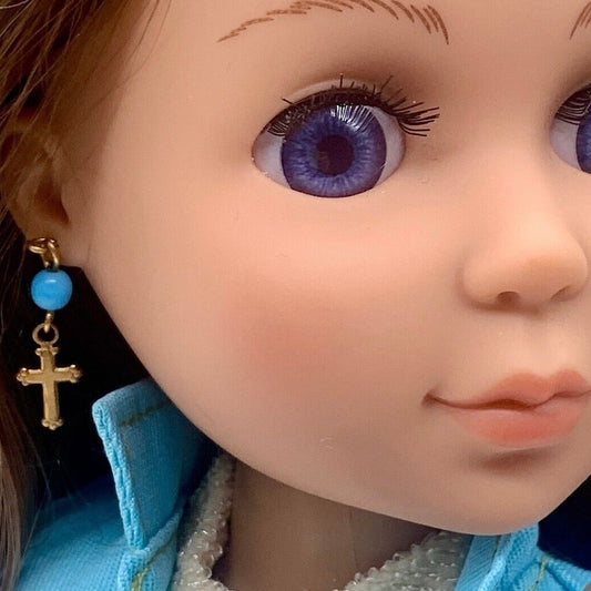Turquoise Blue Glass Gold Cross Dangle Doll Earrings · 14” Fashion Doll Jewelry