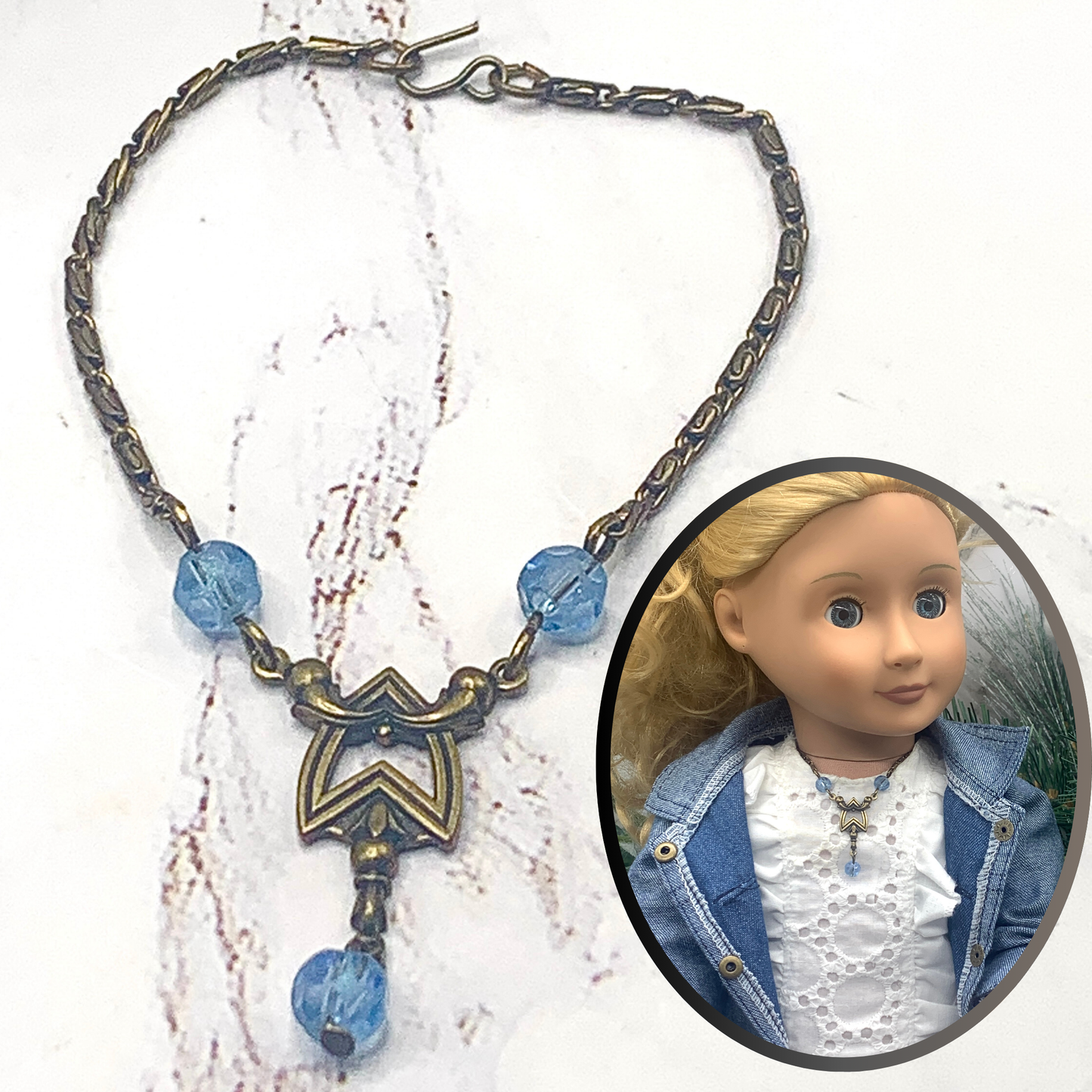 Blue Crystal Accent Bronze Tone Doll Necklace • 18 Inch Fashion Doll Jewelry