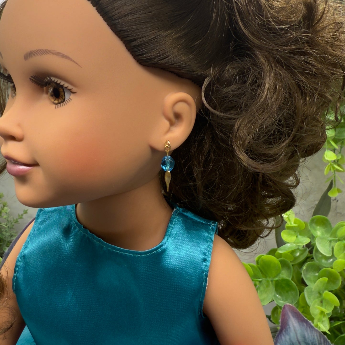 Turquoise Blue Glass Crystal & Gold Doll Earrings • 18 Inch Fashion Doll Jewelry