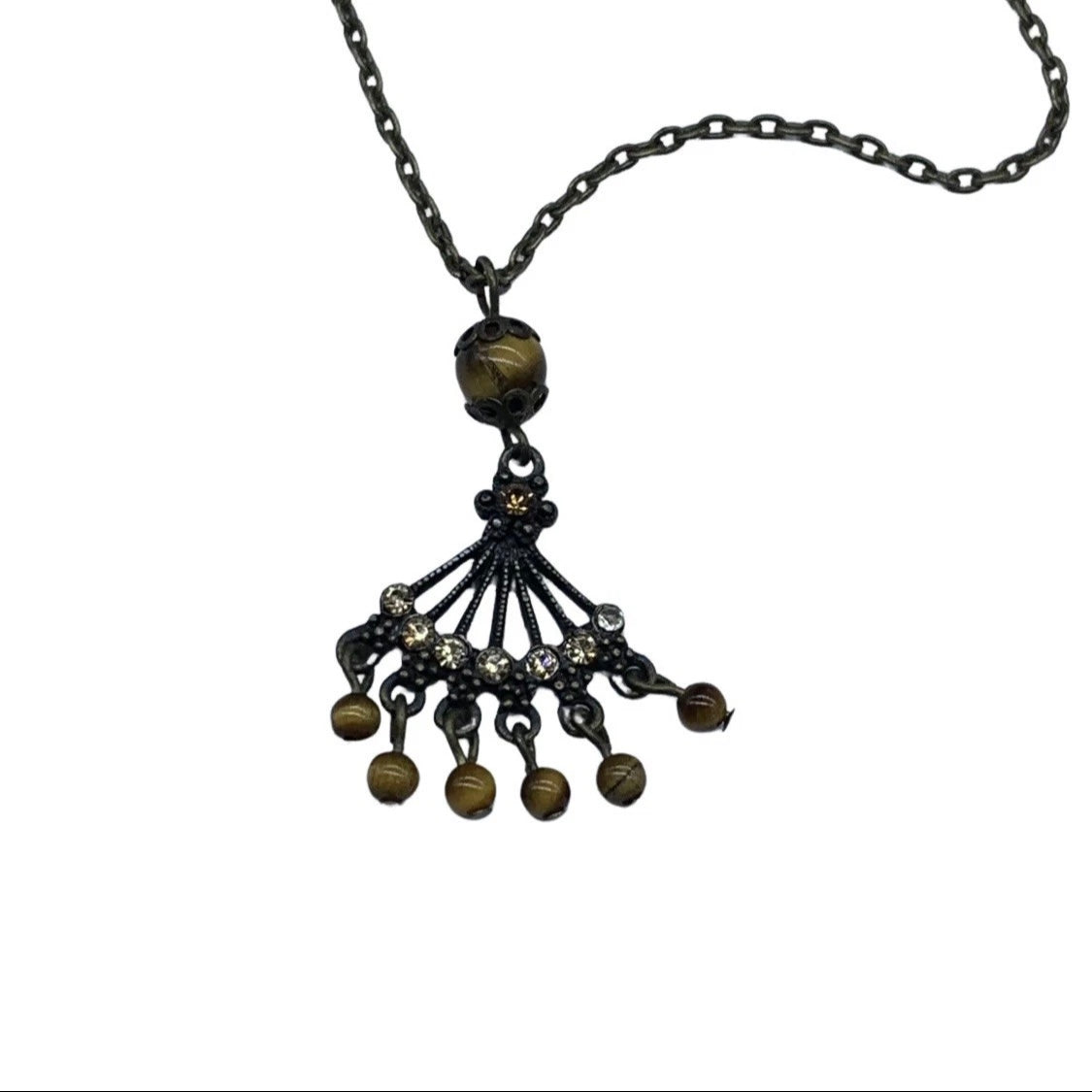 Bronze Fan Design Brown Bead Dangle Pendant Doll Necklace • 18 inch Doll Jewelry