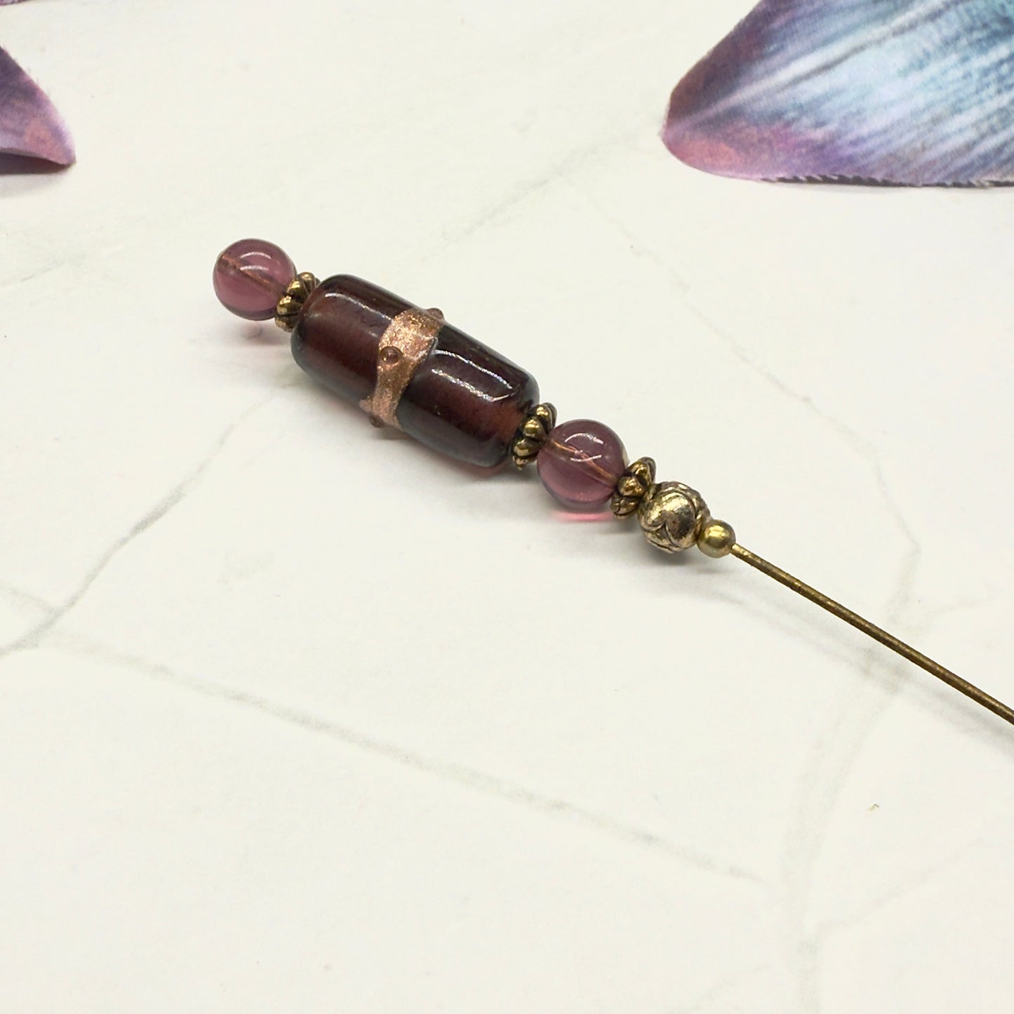 Purple Glass Gold Accent Cylinder Shaped Hatpin - Stick Pin • 6” Pin