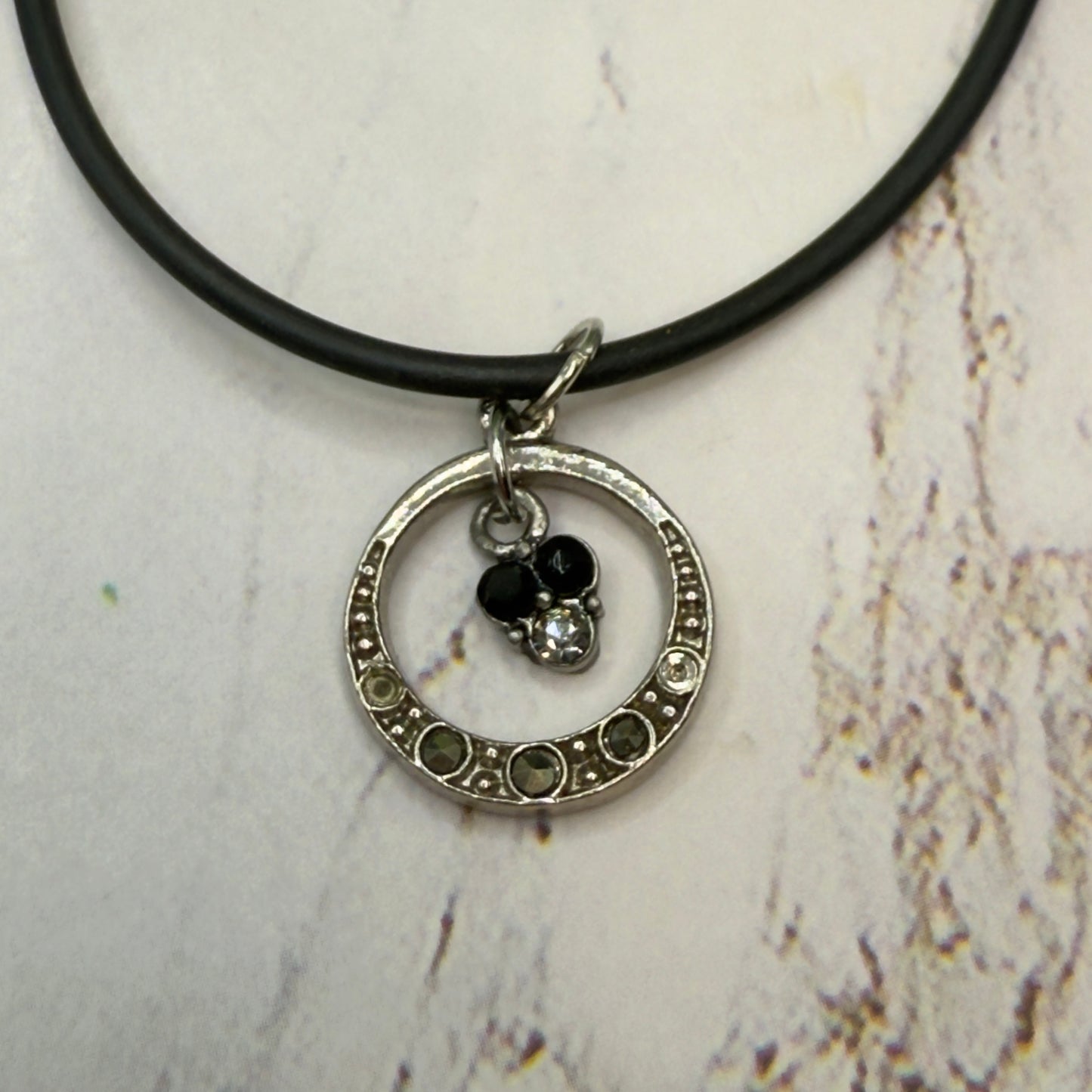 Black Gray Metallic Rhinestone Accent Circle Pendant Black Silicone Rubber Doll Necklace• 18 Inch Fashion Doll Jewelry