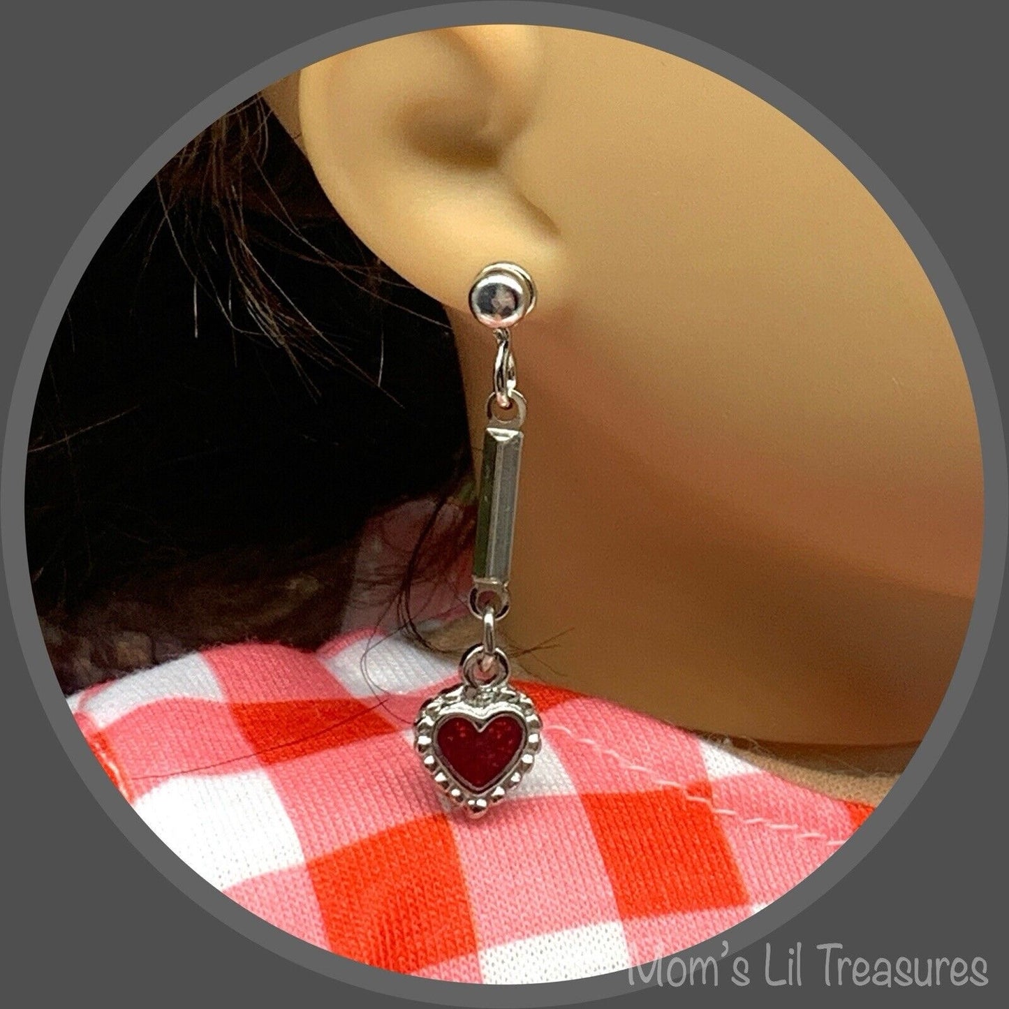 Red Enamel Silver Heart Doll Earring DANGLE ONLY • fits 18” American Girl Doll