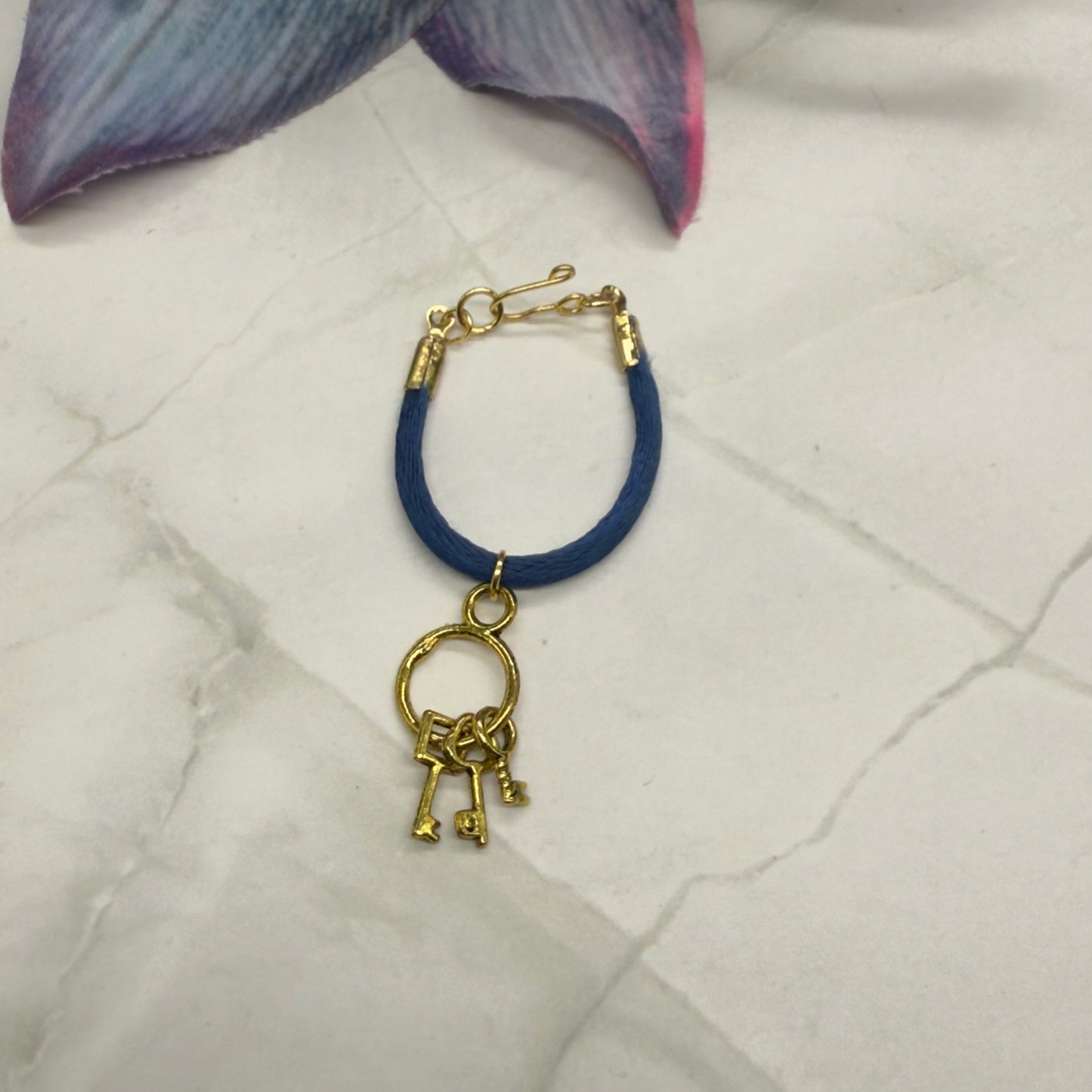 Blue Fabric Cord Doll Necklace Gold Keys Pendant • 14” Fashion Doll Jewelry
