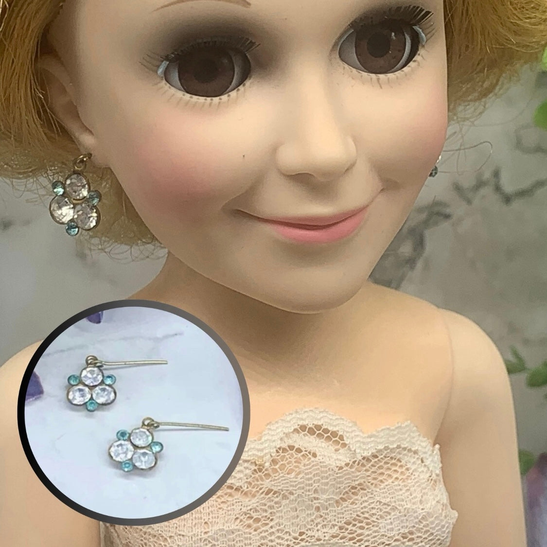 Blue & Clear Rhinestone Dangle Doll Earrings for 18-22” Vintage Doll Jewelry