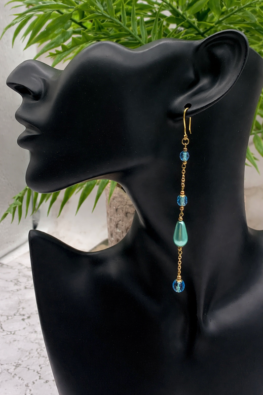 Handmade Duster Dangle Earrings - Turquoise Crystal Faux Pearl Gold Tone Chain