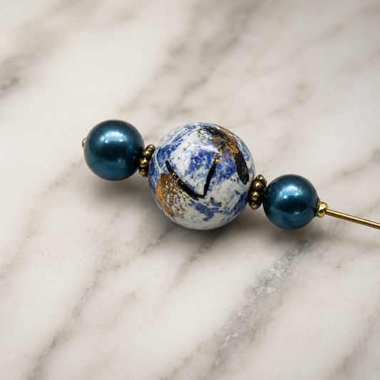 Blue Swirl Beaded - Gold Tone Findings 6” Pin • Hatpin - Stick Pin