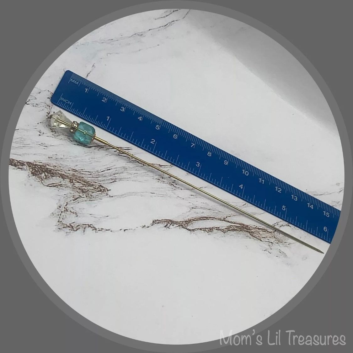 Turquoise Blue Glass Crystal - Rhinestone Gold Tone 6” Pin • Hatpin - Stick Pin