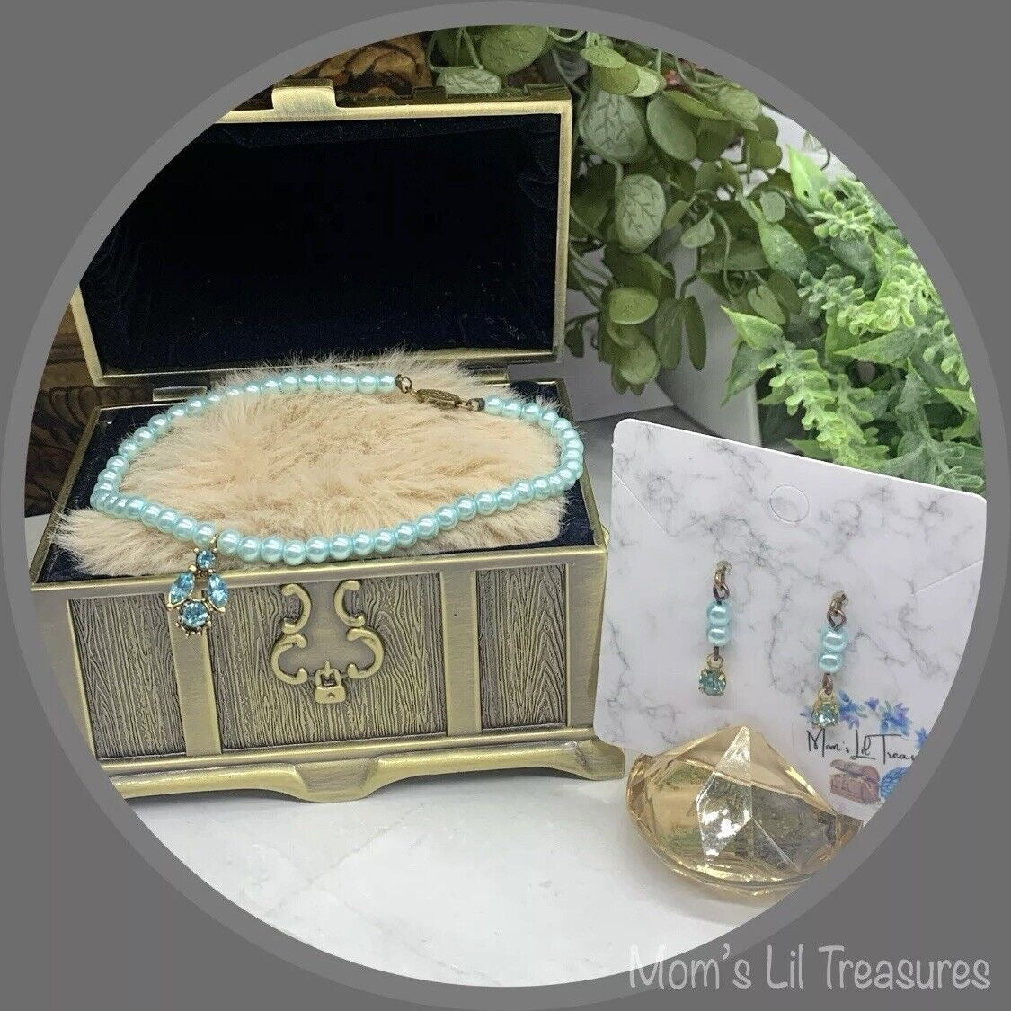 Turquoise Pearl Rhinestone Pendant Doll Necklace Earring Set • 18” Doll Jewelry