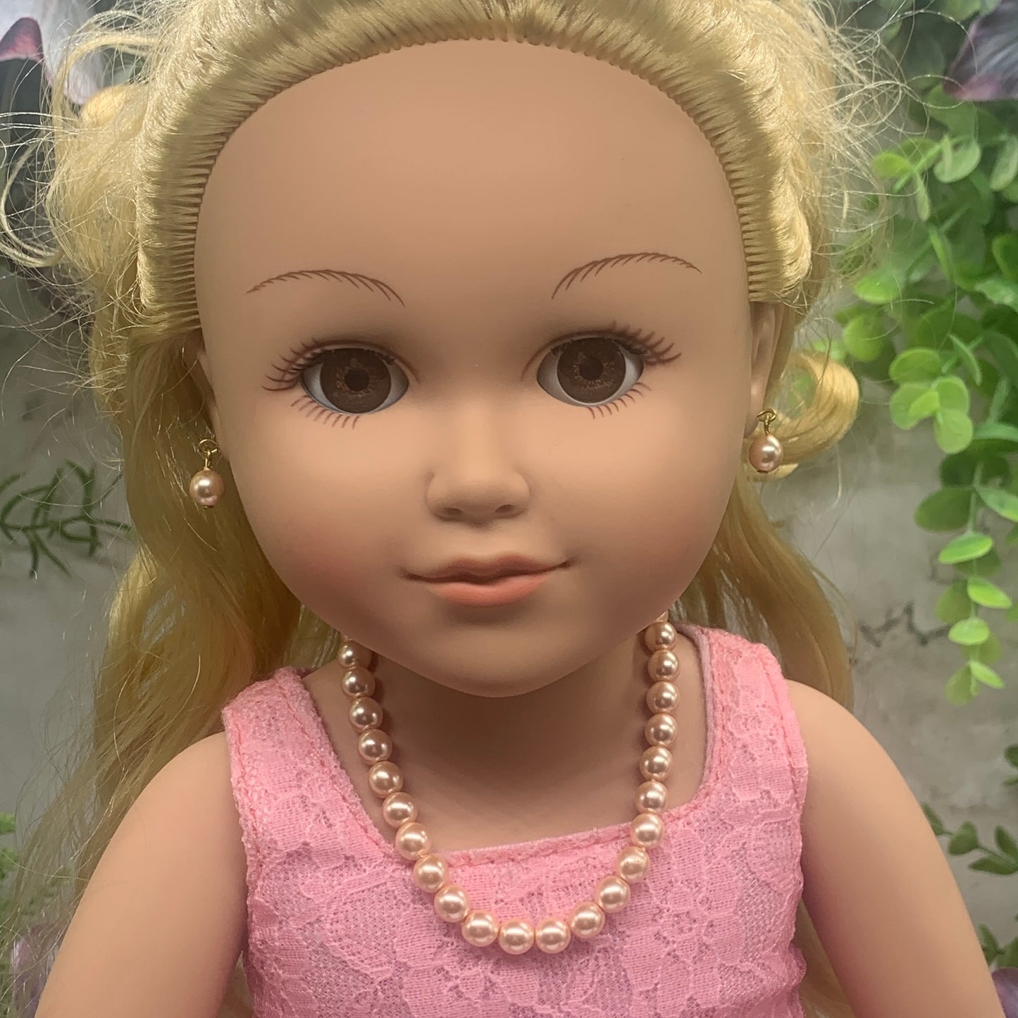 Light Pink Pearl Doll Necklace Earrings Set • 18 Inch Fashion Doll Jewelry
