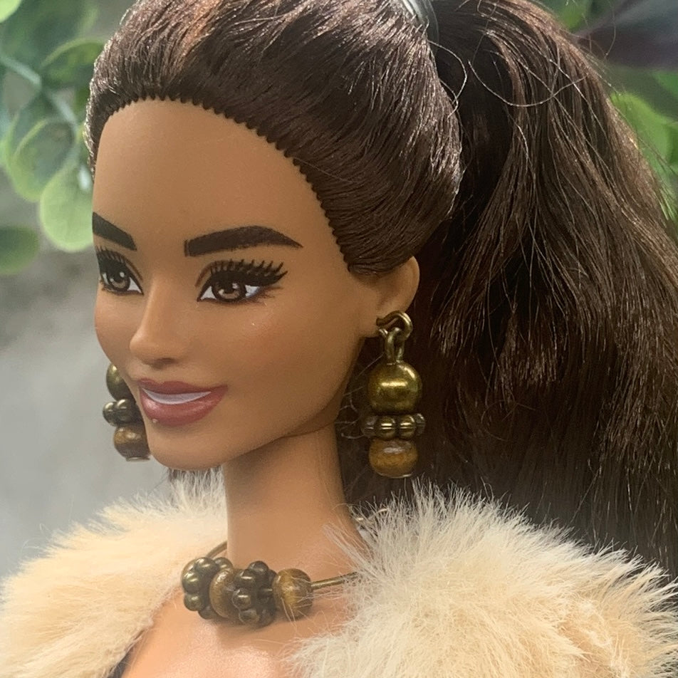 Brown Bronze Beaded Wire Doll Necklace Earring Set • 10-12” 1:6 Doll Jewelry