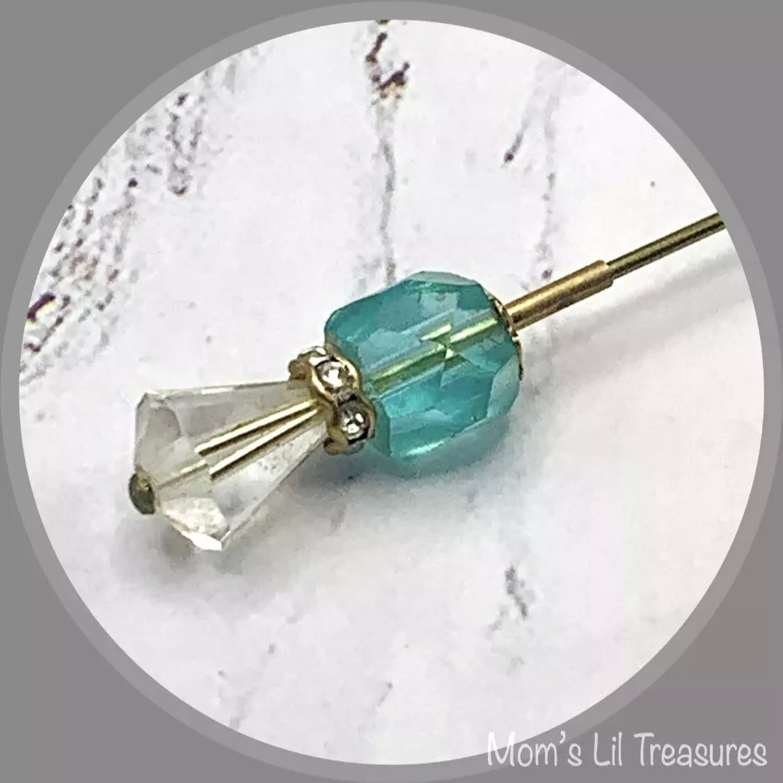 Turquoise Blue Glass Crystal - Rhinestone Gold Tone 6” Pin • Hatpin - Stick Pin