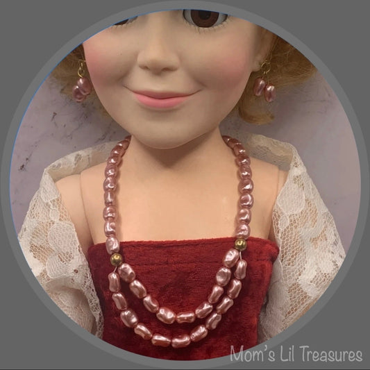 Light Purple Pearl Doll Necklace Earring Set • 18-22 Inch Vintage Doll Jewelry