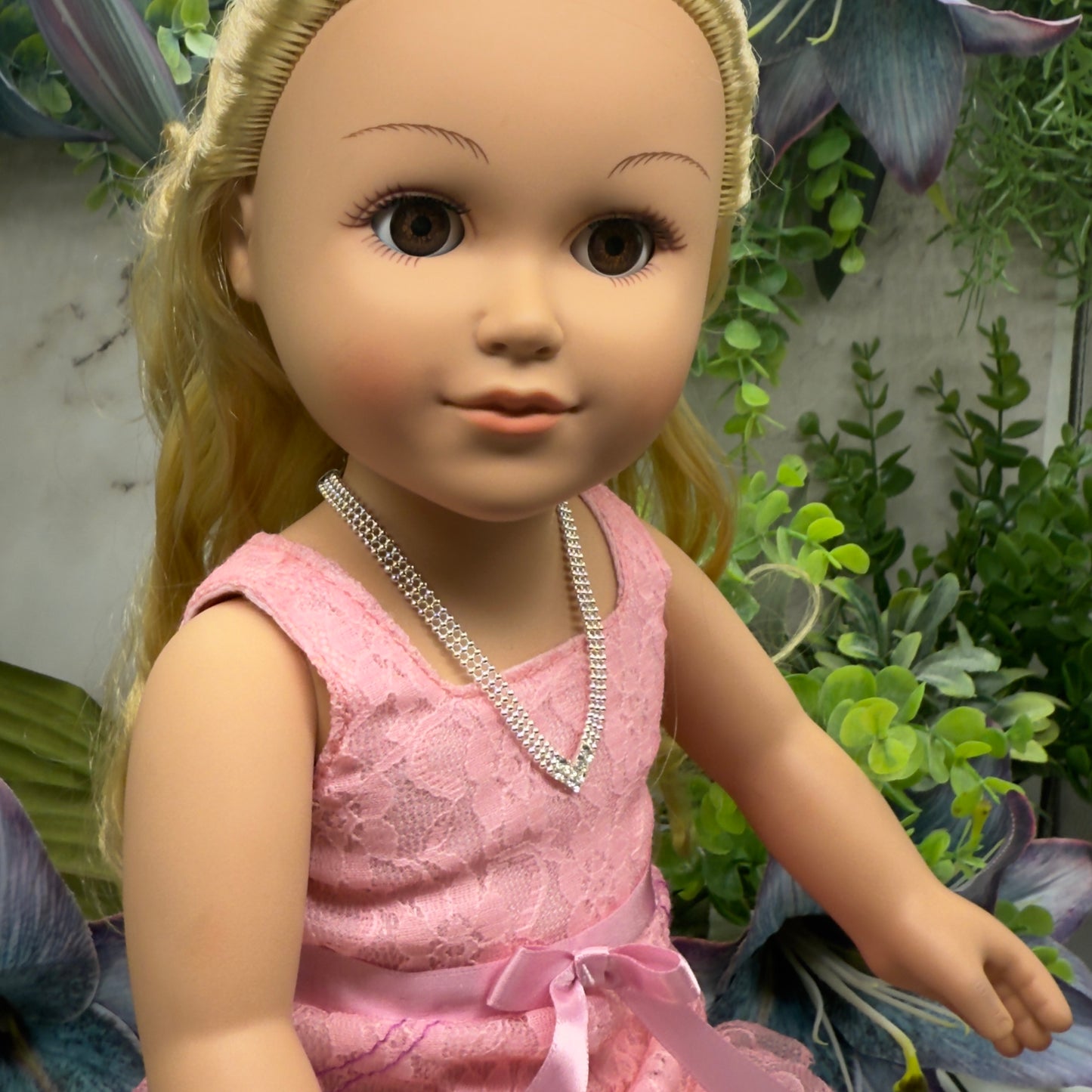 Clear Rhinestone V-Shape Silver Connected Ball Design Chain Doll Necklace • 18 Inch Fashion Doll Jewelry
