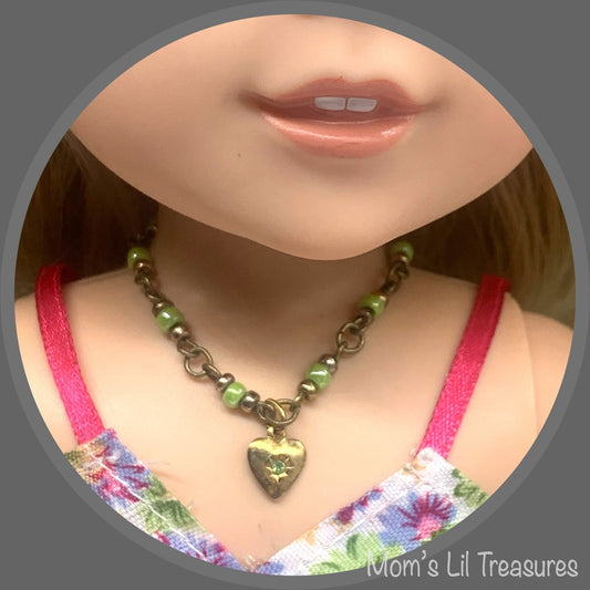 Light Green Gold Heart Pendant Doll Necklace • 14” Fashion Doll  Jewelry
