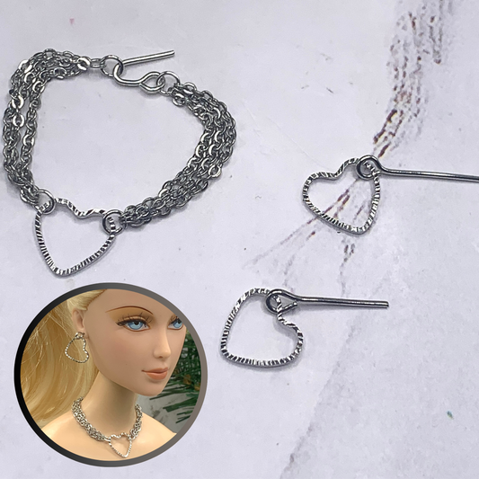 Silver Heart Dangle Multi Chain Doll Necklace Earring Set • 16” Doll Jewelry