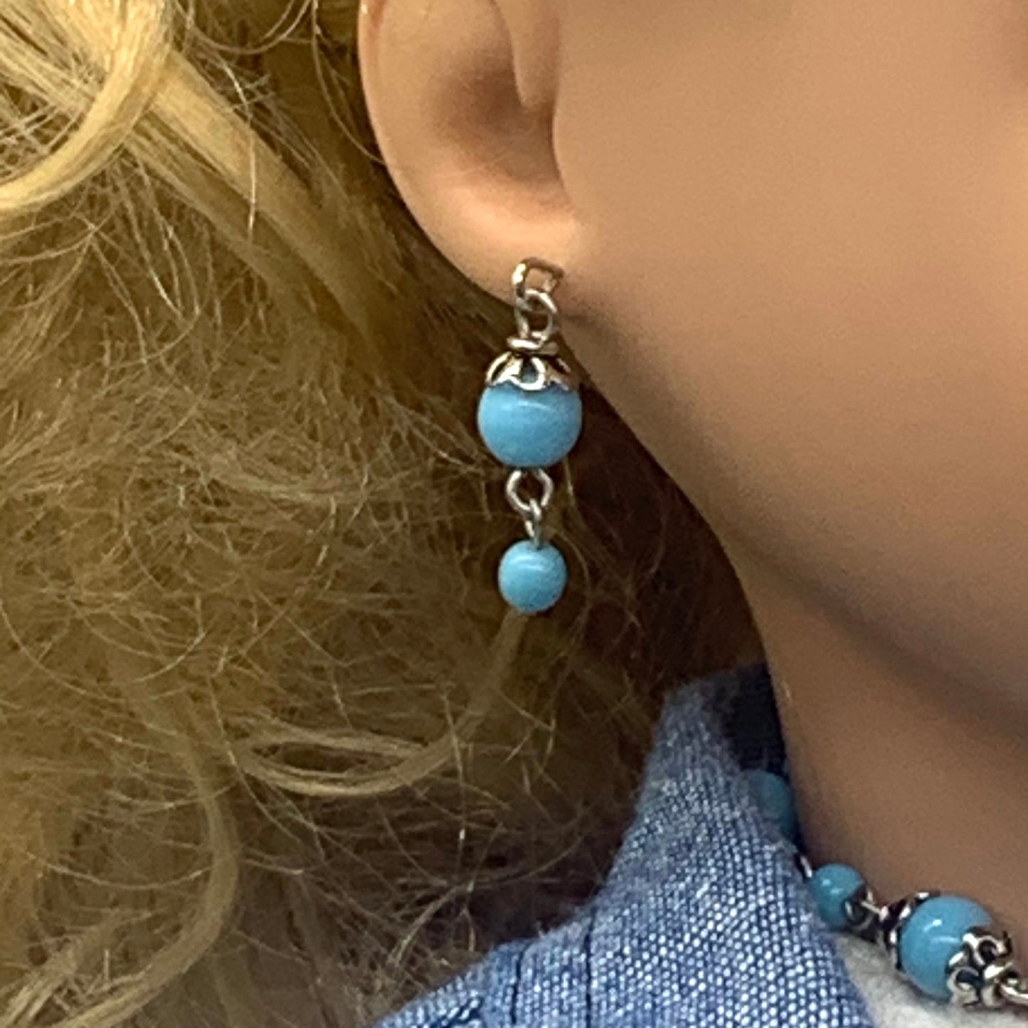 Blue Glass Bead Silver Angel Wings Pendant Necklace Earring Set 18” Doll Jewelry
