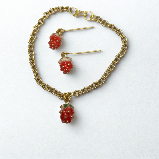 Strawberry Enamel Gold Charm Necklace & Earrings Set • 18 Inch Fashion Doll Jewelry