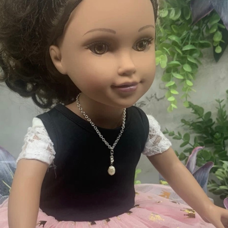 Pearl & Rhinestone Pendant Silver Chain Doll Necklace • 18” Fashion Doll Jewelry