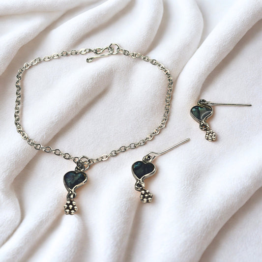 Abalone Silver Heart Dangle Doll Necklace & Earrings Set • 18 Inch Fashion Doll Jewelry