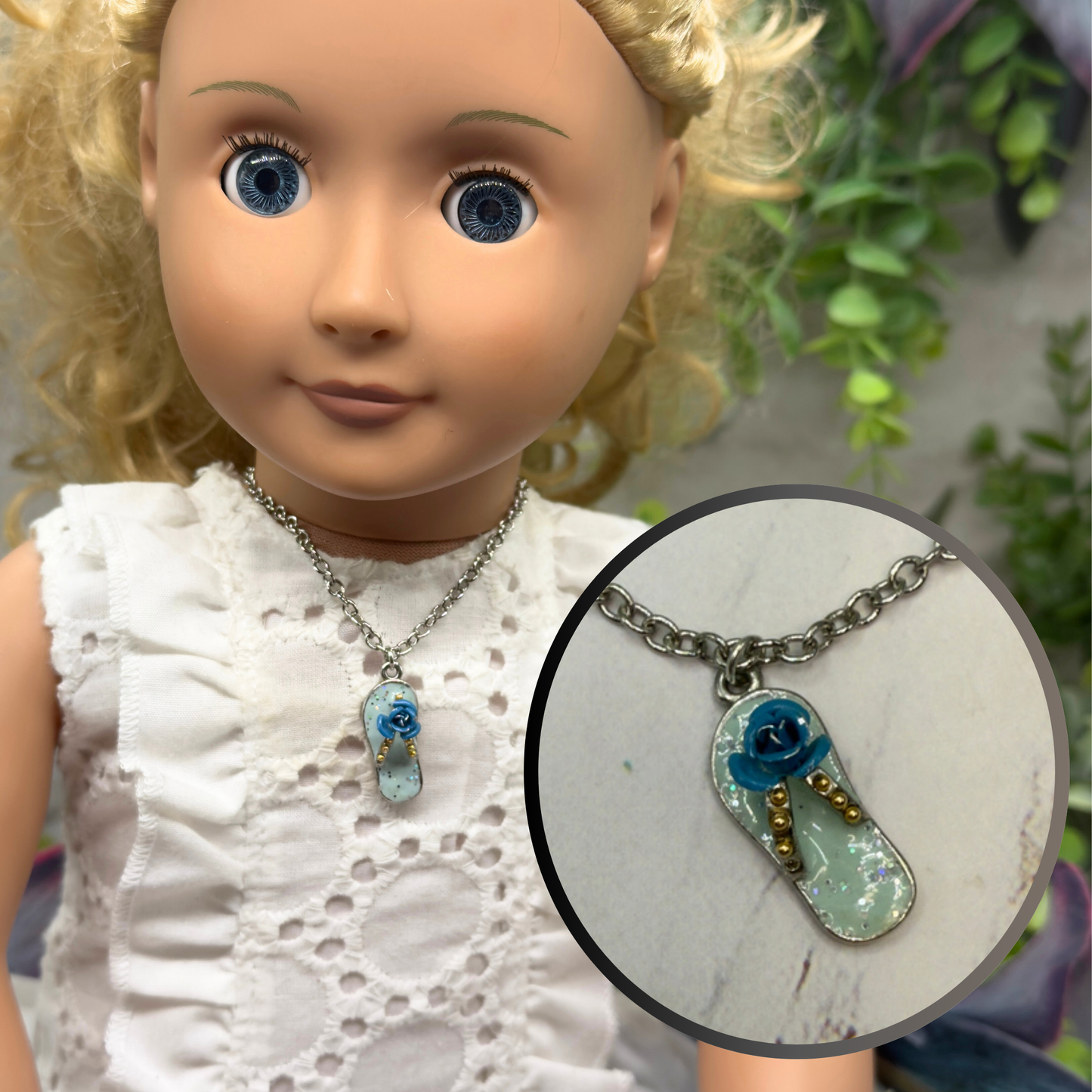 Blue Flip Flip Sandal Rose Accent Charm Silver Doll Necklace• 18 Inch Fashion Doll Jewelry
