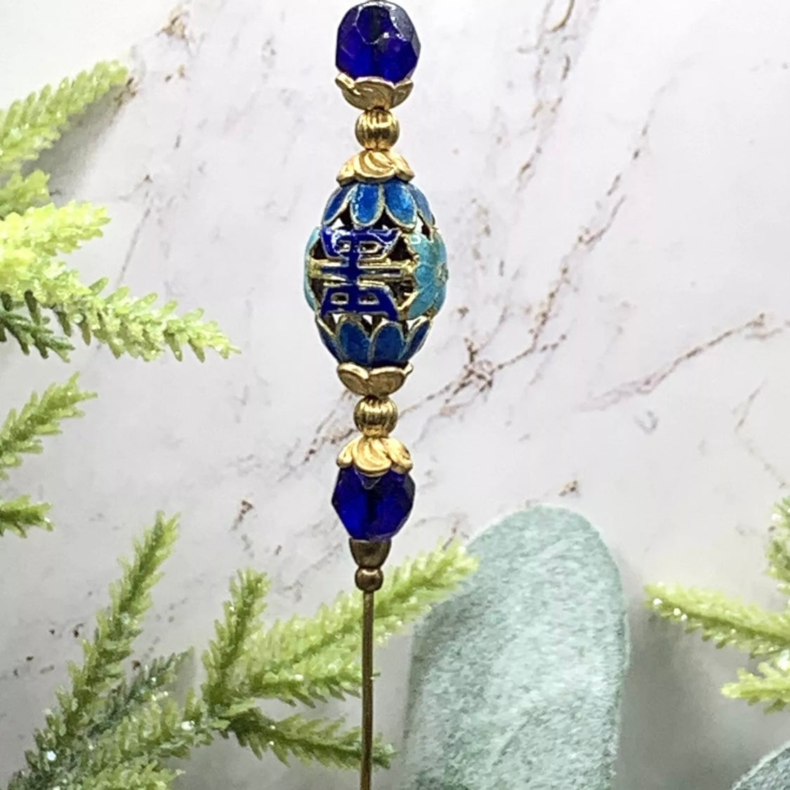 Blue Glass Crystal Metal Cloisonné Enamel Flower Design - 8” • Hatpin