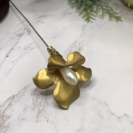 Floral Flower Iris Orchid Metal Pearl Center - Gold Tone - 7.75” Pin • Hatpin