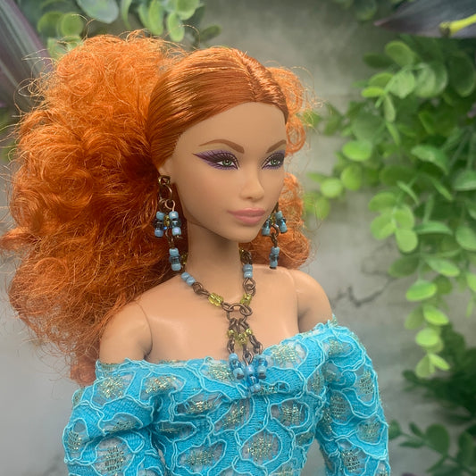 Blue Yellow Brass Tone Multi Dangle Necklace Earring Set • 10-12” 1:6 Doll Jewelry