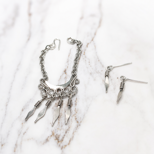 Silver Dangle Statement Doll Necklace Matching Earring Set • 16” Doll Jewelry
