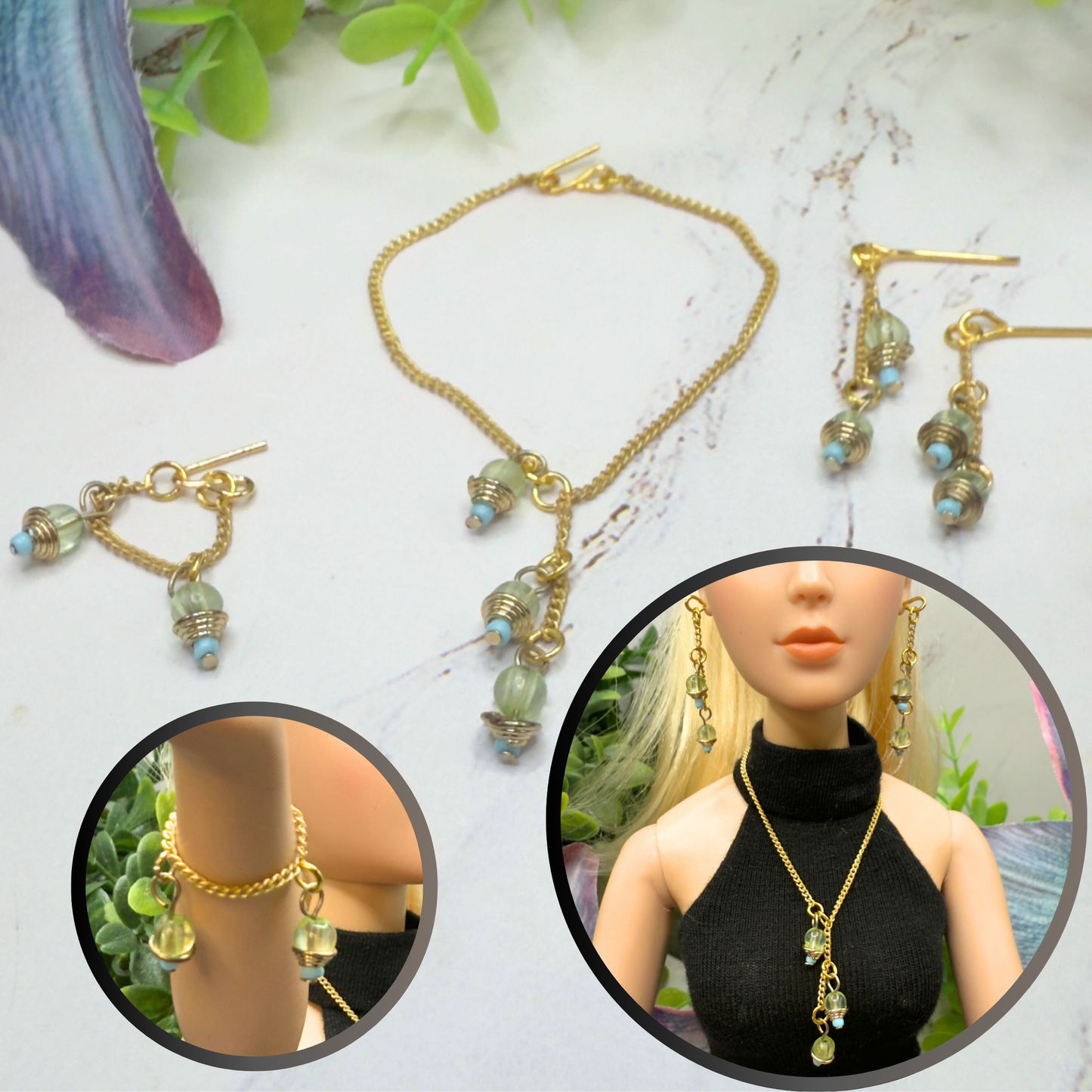 Green Blue Dangle Tassel Style Doll Necklace & Earrings Set • 16 Inch Fashion Doll Jewelry •