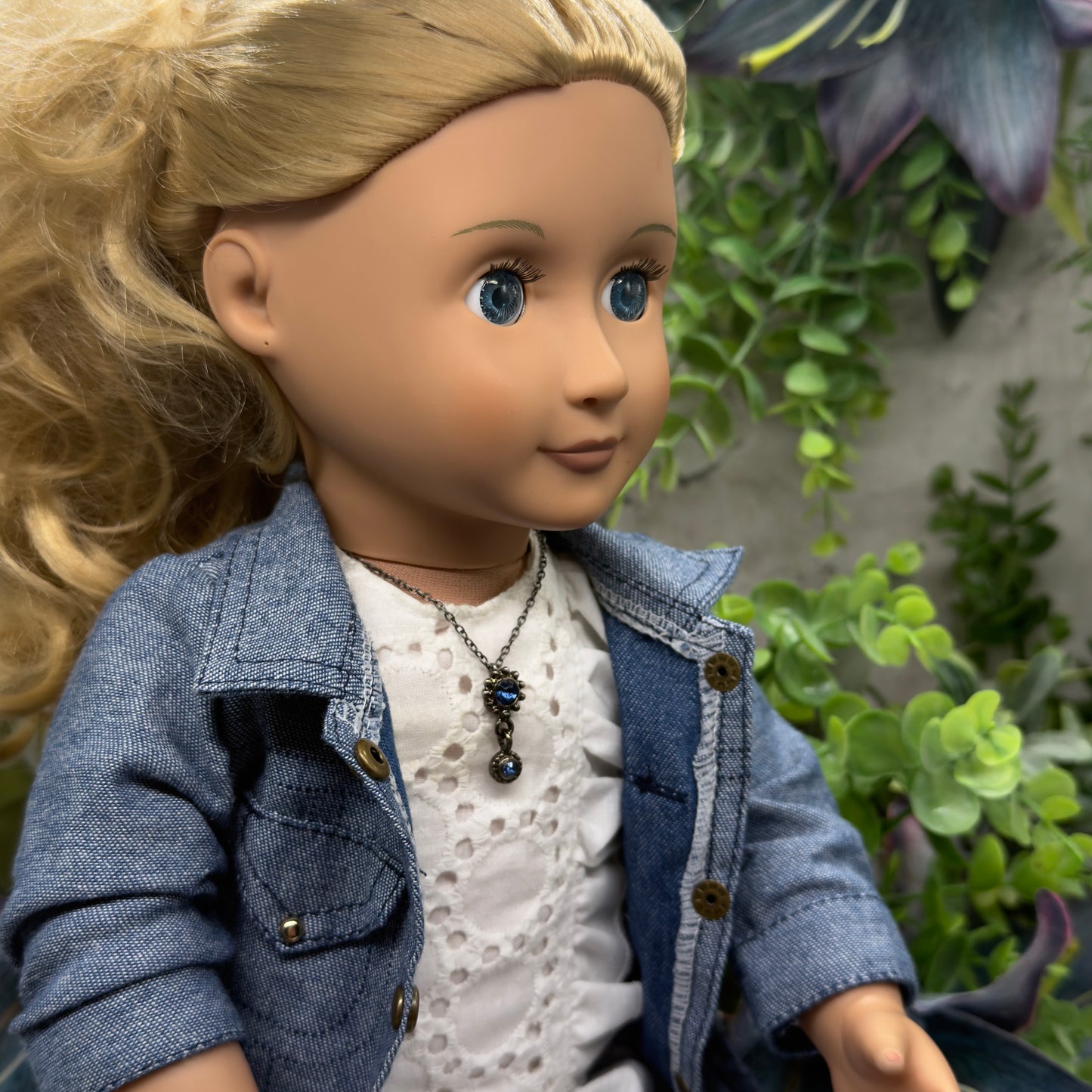 Blue Rhinestone Pendant Gun Metal Silver Chain Doll Necklace• 18 Inch Fashion Doll Jewelry