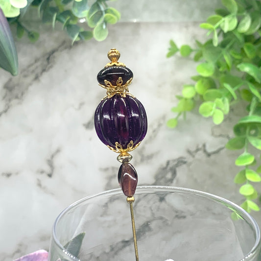 Purple Acrylic Ribbed Spiral Design Gold Filigree • 6” Hatpin - Stick Pin