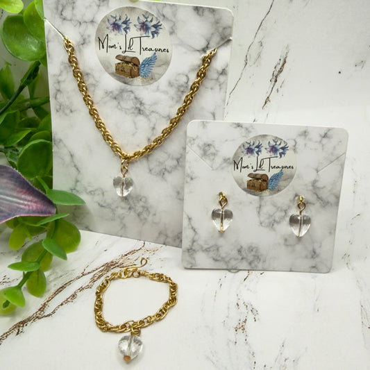 Clear Heart Charm Gold Chain Doll Necklace Bracelet & Earrings • 18 Inch Fashion Doll Jewelry