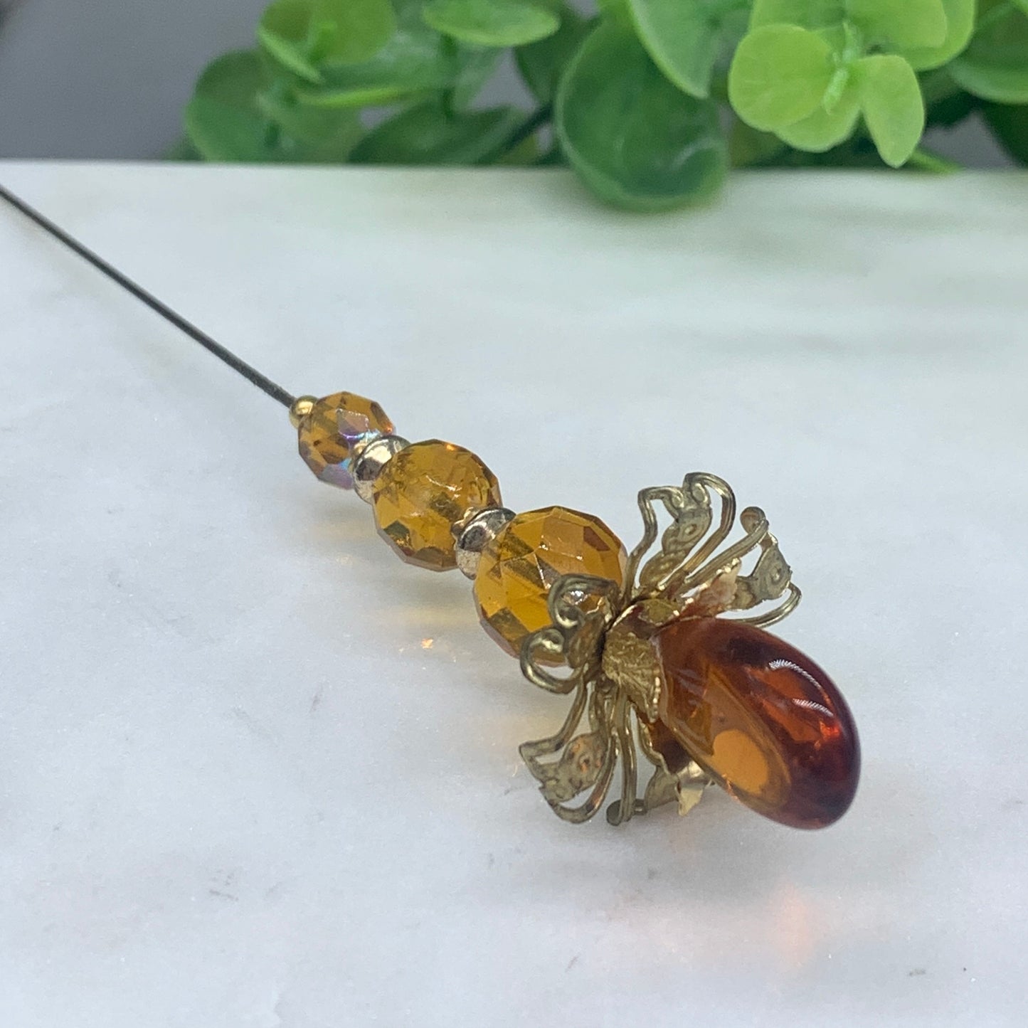 Gold yellow Amber Color Crystal Flower Design 8.5” Pin • Hatpin - Stick Pin