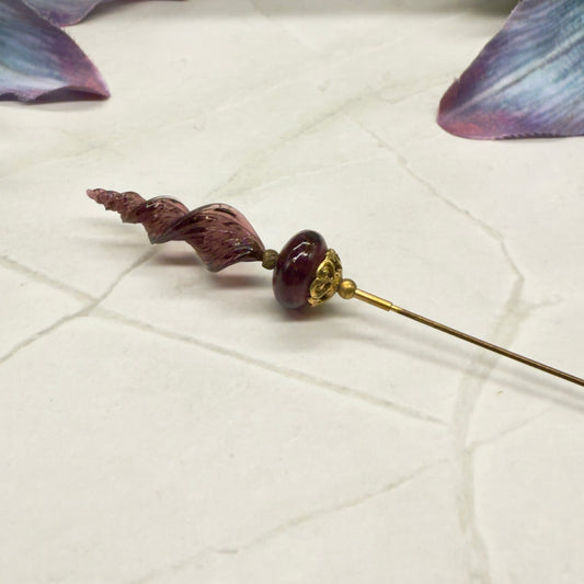 Purple Glass Spiral Design & Gold Filigree Accent • 7.25” Pin Hatpin - Stick Pin