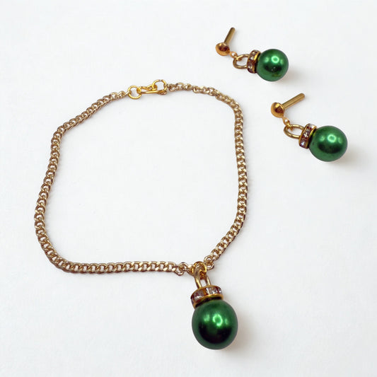 Green Christmas Ball Ornament Charm Doll Necklace & Dangle Doll Earrings • 2mm Post for 18 Inch Fashion Doll