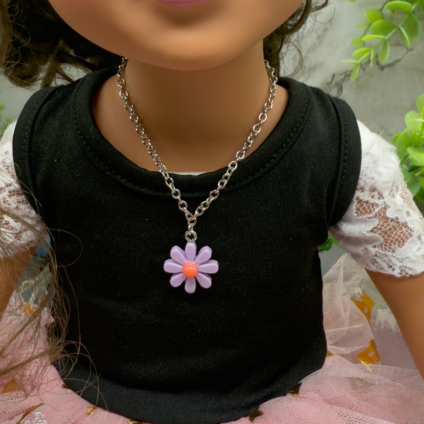 Purple Flower Daisy Charm Silver Chain Doll Necklace• 18 Inch Fashion Doll Jewelry