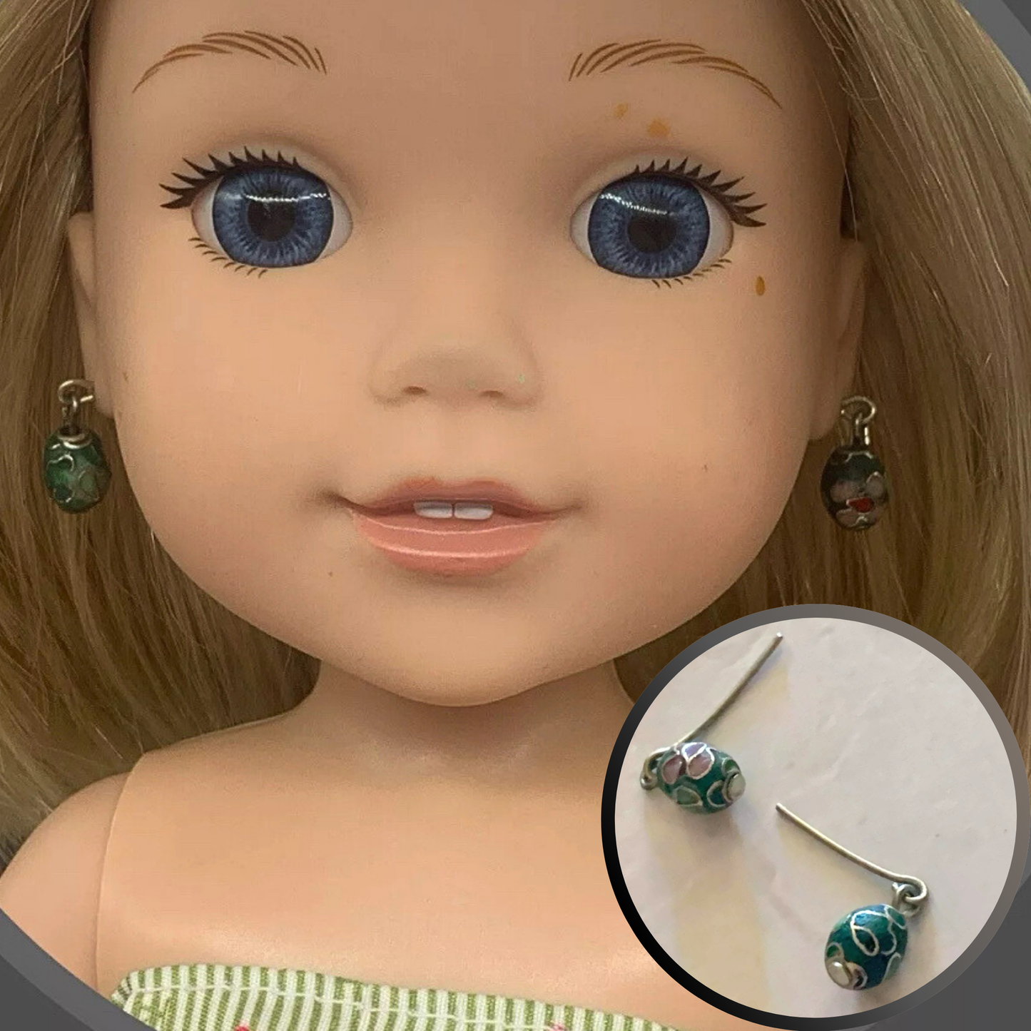 Green Cloisonné Flower Design Dangle Doll Earrings • 14” Fashion Doll Jewelry