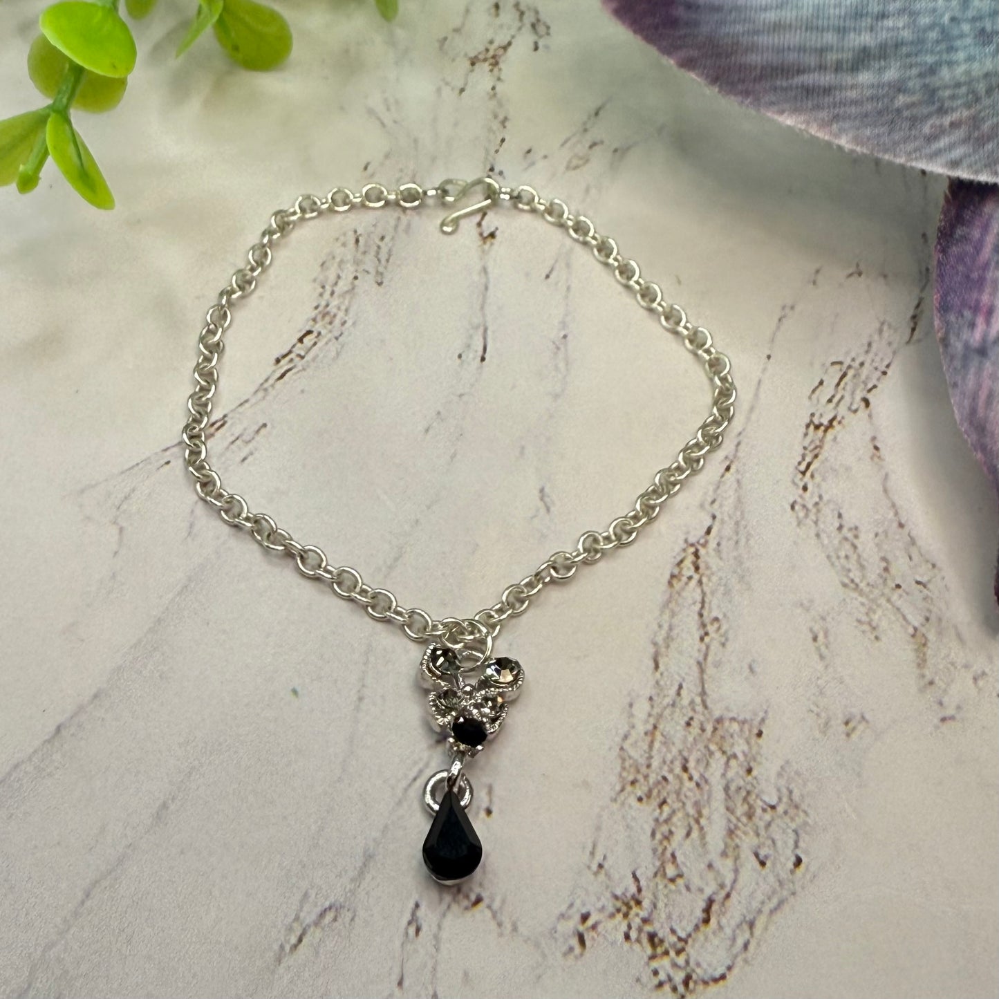 Clear Rhinestone Butterfly Black Teardrop Pendant Silver Chain Doll Necklace • 18 Inch Fashion Doll Jewelry