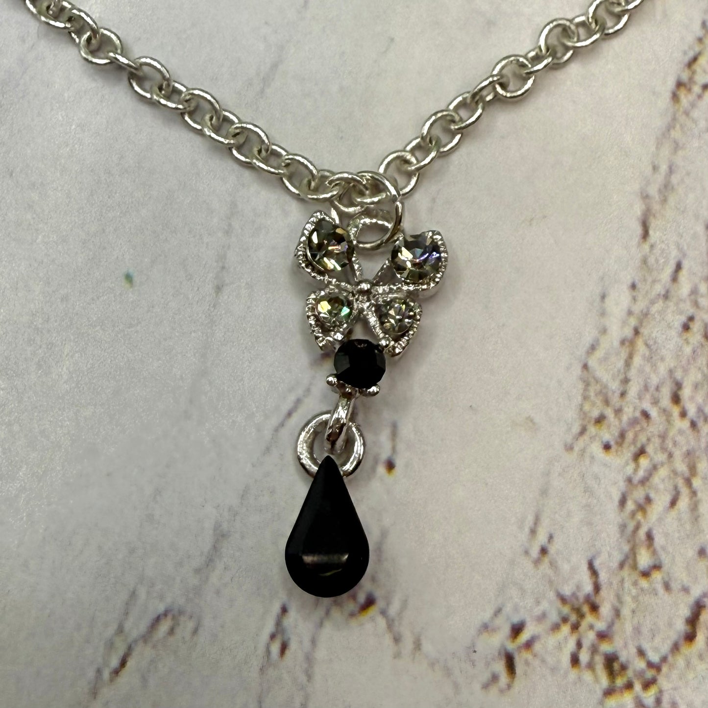 Clear Rhinestone Butterfly Black Teardrop Pendant Silver Chain Doll Necklace • 18 Inch Fashion Doll Jewelry